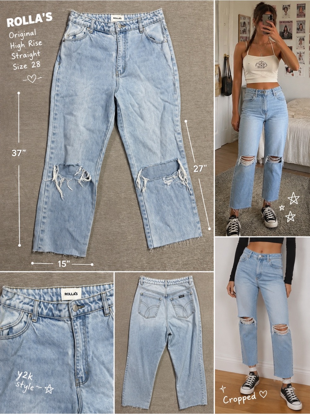 Rolla’s Original High Rise Straight Cropped Distressed Jeans Light Wash Size 28